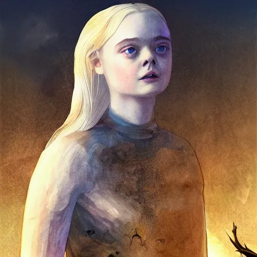 Image similar to Elle Fanning in the painted word of Dark Souls, head and shoulders masterpiece, apocalypse, golden hour, cosmic horror, artstation, in the style of Andrew Wyeth, extremely detailed