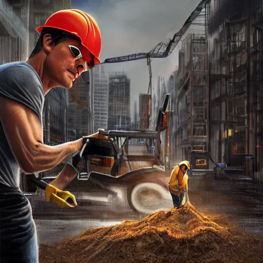 Prompt: tom cruise dressed as a construction worker planting fries, digital art, highly - detailed, artstation cgsociety masterpiece