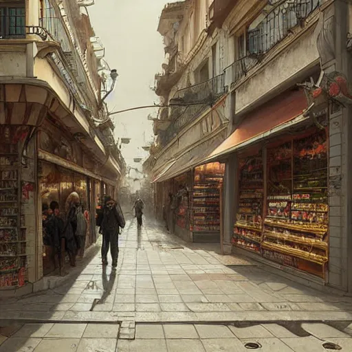 Prompt: a convenience store of 2022 portugal lisbon on the street of a very highly detailed logital matte painting art by Greg Rutkowski, highly logical and striking detailed architecture by alphonse mucha, 80% gardening in the city by alphonse mucha