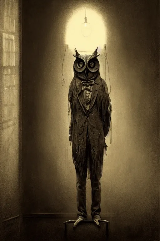 Image similar to wet plate photograph of an anthropomorphic owl standing alone in the waiting room of a victorian - era brothel, dramatic lighting, highly detailed, digital painting, artstation, concept art, smooth, sharp focus, illustration, art by wlop, mars ravelo and greg rutkowski