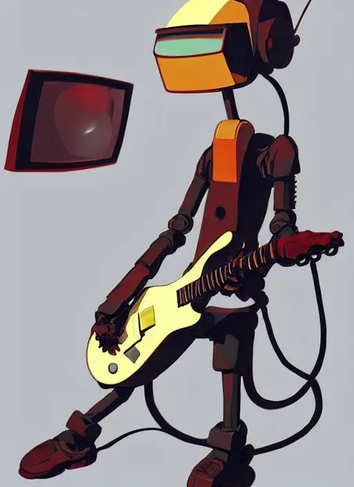 Prompt: canti, flcl, a robot playing a guitar with a crt tv crt tv crt tv head and a bomber bomber bomber jacket!!!!!!! by daniel gerhartz and satoshi kon, character concept art, trending on artstation