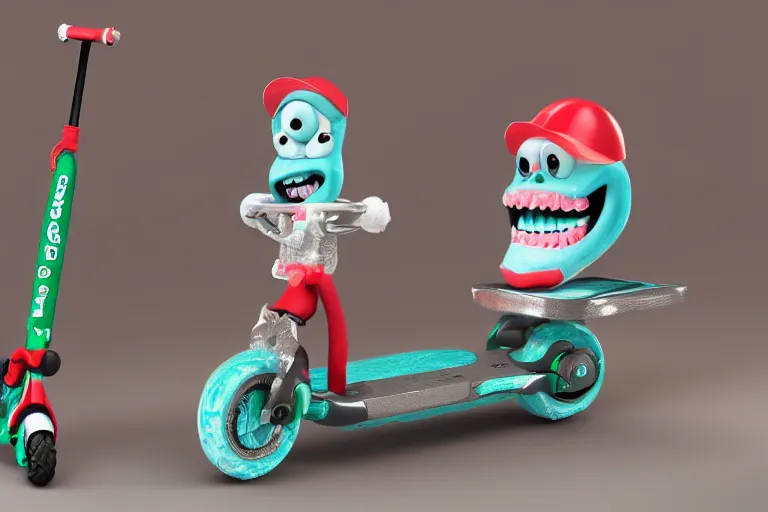 Prompt: a toothpaste monster standing next to a toy scooter made of toothpaste, intricate details, octane render