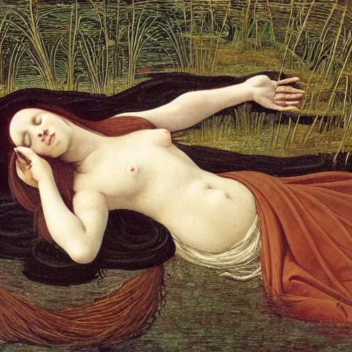 Prompt: ophelia, laying flat submerged in water, close up portrait, under the river amongst the reeds, fully covered in robes and lake foliage, weeds reeds, fully clothed in flowing medieval robes, by leonardo devinci, botticelli, devinci, rosetti and monet, 8 k