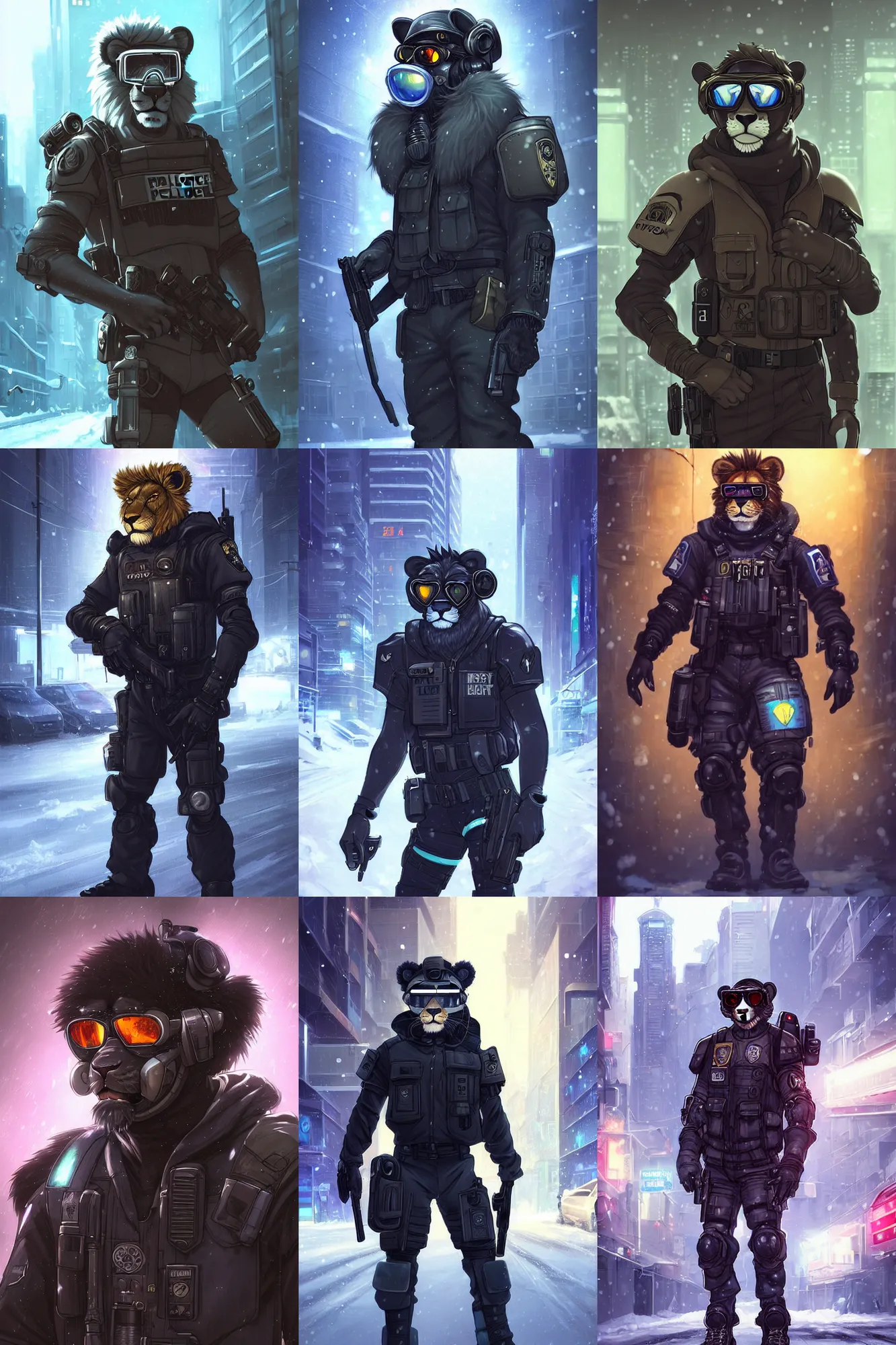 Prompt: beautiful 3 / 4's portrait commission of a male furry anthro lion fursona wearing a tactical cyberpunk police swat uniform with helmet and goggles in the streets of a cyberpunk city at night in the snow. character design by charlie bowater, ross tran, artgerm, and makoto shinkai, detailed, inked, western comic book art