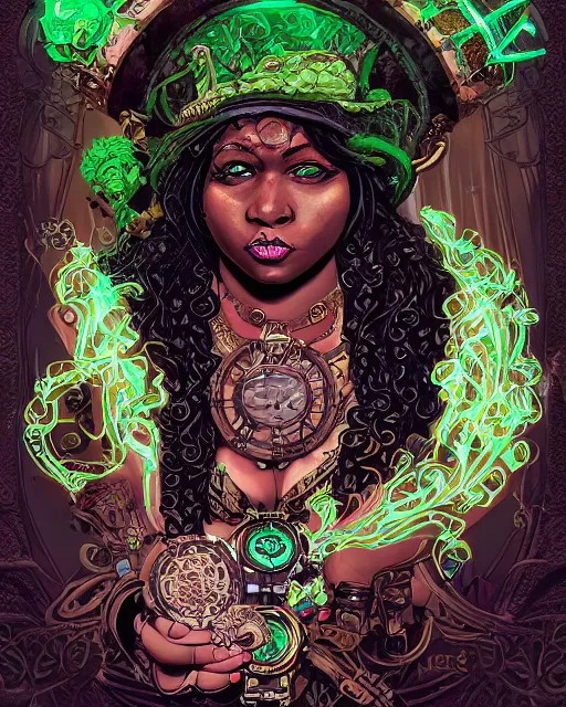 Image similar to a detailed portrait illustration of a steampunk necromancer - gambler. beautiful obese black female face, very dark skin. gorgeous green eyes. voodoo aesthetic. art nouveau, pop art, comic book style. influenced by neil gaiman, dan mumford, brian froud, kehinde wiley, killian eng, ross tran.