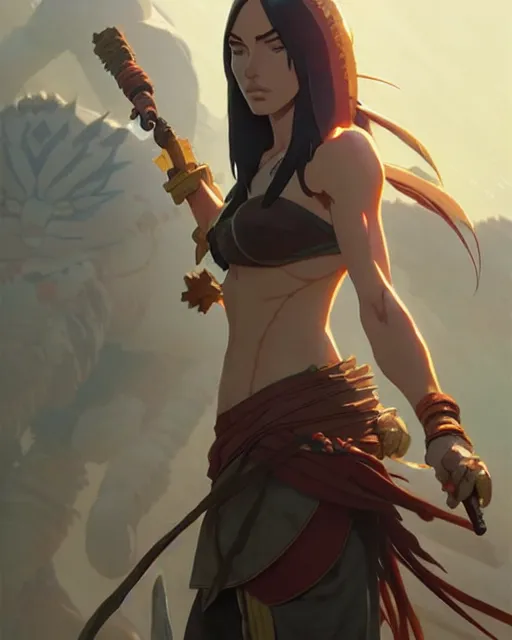 Image similar to azctec warrior, megan fox, high quality, detailed perfect face, exquisite details, fire magic, by studio muti, greg rutkowski makoto shinkai takashi takeuchi studio ghibli