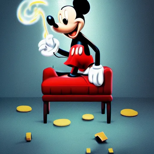 Prompt: mickey mouse holding a giant joint while sitting on a couch in a messed up apartment, red eyes, smoke, beautiful digital art, amazing detail, artstation, award winning, sharp