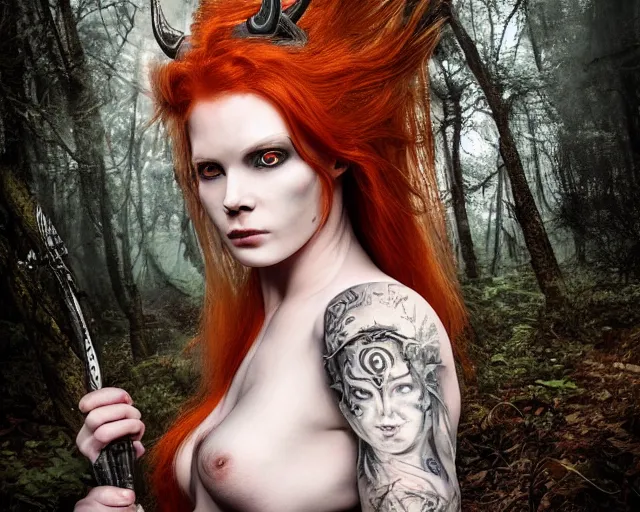 Image similar to 5 5 mm portrait photo of an armored gorgeous anesthetic redhead woman warrior with a face tattoo and demon horns growing from her head, in a magical forest in the style of stefan kostic, art by luis royo. highly detailed 8 k. intricate. lifelike. soft light. nikon d 8 5 0. cinematic post - processing