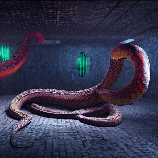 Prompt: A dark room with a large colored snake in the center of it, unreal engine, depth of field