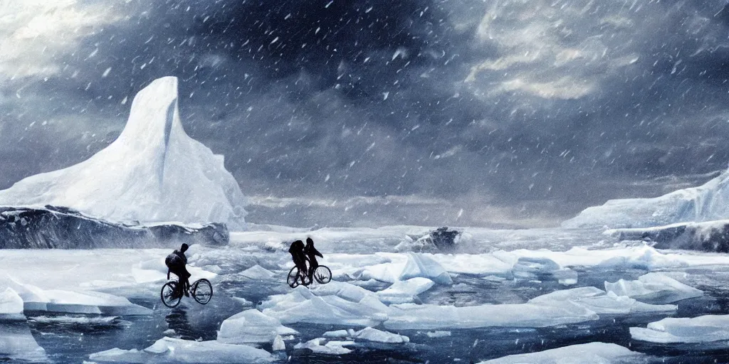 Image similar to A majestic arctic landscape featuring an iceberg and frozen sea. There is a man riding a bicycle. Snow is falling. Cinematic, very beautiful, painting in the style of Lord of the rings