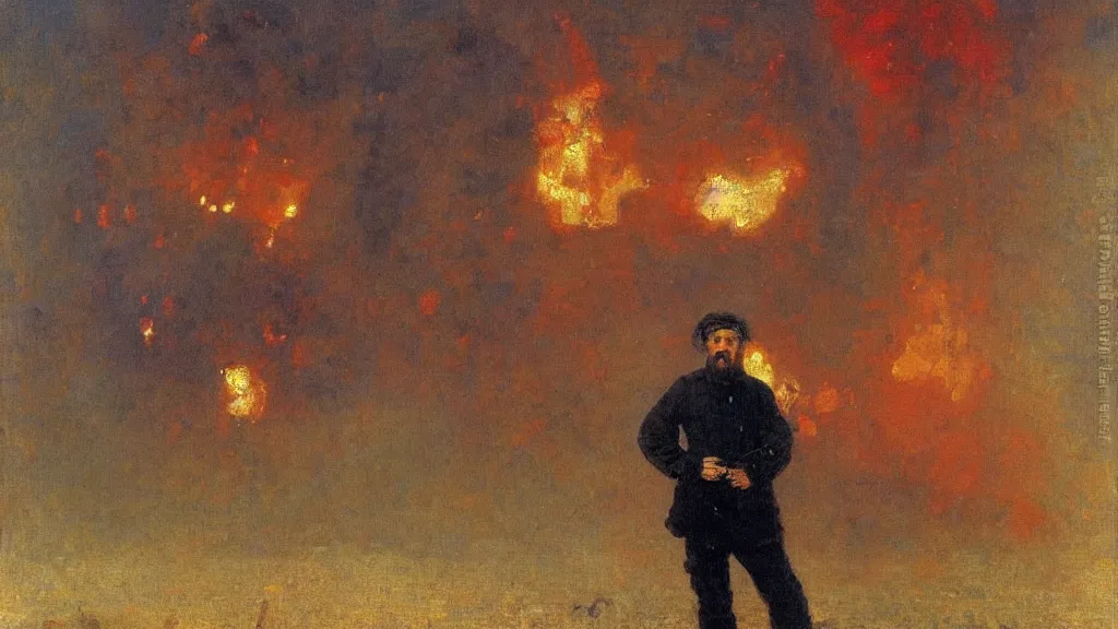 Prompt: high quality high detail painting by ilya repin, man standing in front of huge explosion, hd