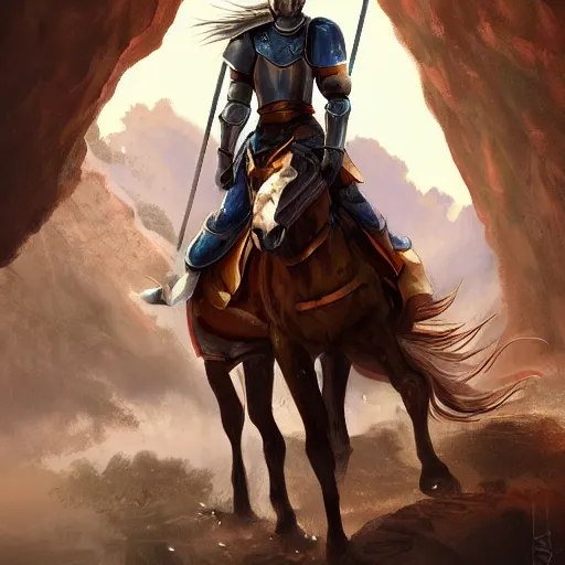 Prompt: a knight riding a horse in a cave full of minerals, digital art, well detailed, trending on artstation