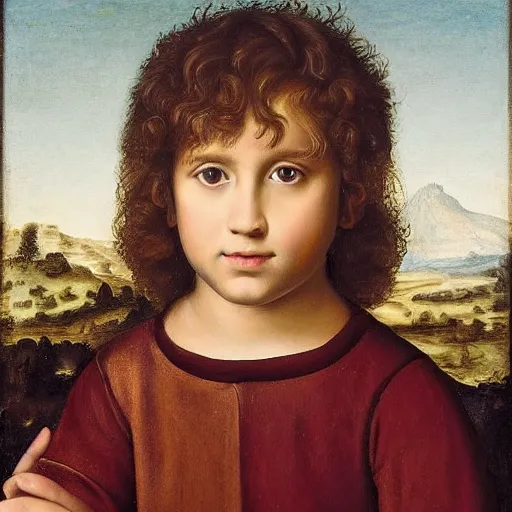Prompt: small caucasian boy with a curly mullet and brown eyes, renaissance portrait, vinatge painting royal painting