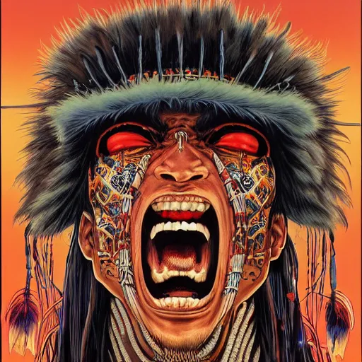 Image similar to portrait of crazy screaming native american, symmetrical, cinematic colors, by yoichi hatakenaka, masamune shirow, josan gonzales and dan mumford, ayami kojima, takato yamamoto, barclay shaw, karol bak, yukito kishiro