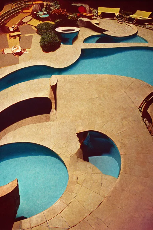 Prompt: non - euclidean tiled curving swimming pool tunnels into infinity, multiple paths, 1 9 6 0 s, color bleed, ektachrome photograph, volumetric lighting, f 8 aperture, cinematic eastman 5 3 8 4 film stanley kubrick