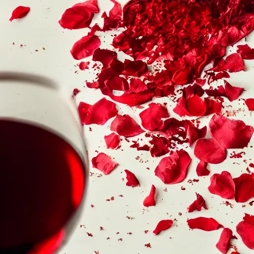 Prompt: rose petals erupting out of red wine bottle