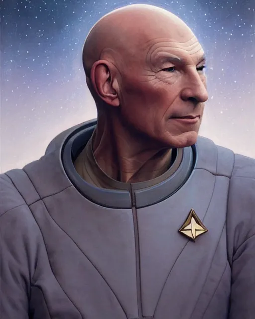 Prompt: Portrait of Jean Luc Picard in a space suit, real life skin, intricate, elegant, highly detailed, artstation, concept art, smooth, sharp focus, art by artgerm and greg rutkowski and alphonse mucha