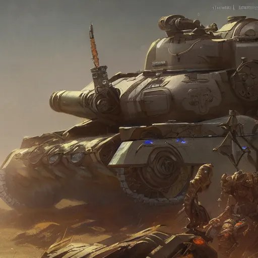 Image similar to battle tank, cinematic lighting, fantasy, warforged, intricate, highly detailed, lifelike, photorealistic, digital painting, artstation, illustration, concept art, sharp focus, art by john collier and albert aublet and krenz cushart and artem demura and alphonse mucha