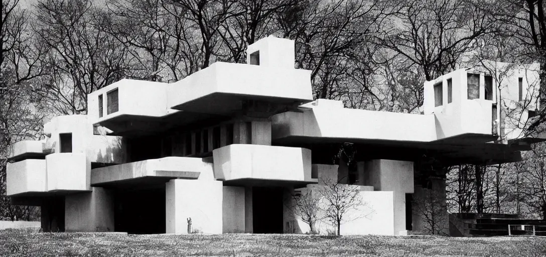 Image similar to dystopian house by frank lloyd wright. photograph by helmut newton.