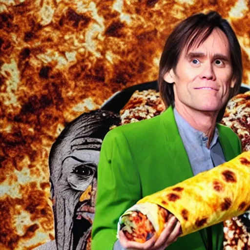 Image similar to photo of jim carrey stuffed inside of a burrito