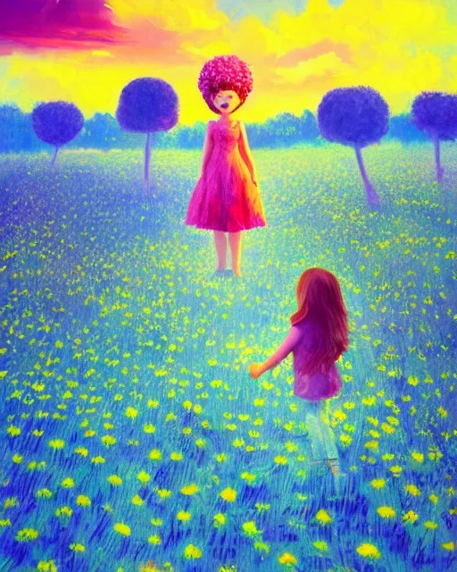 Image similar to girl with a giant carnation head, surreal photography, flower field, sunset dramatic light, impressionist painting, colorful clouds, blue sky, digital painting, artstation, simon stalenhag