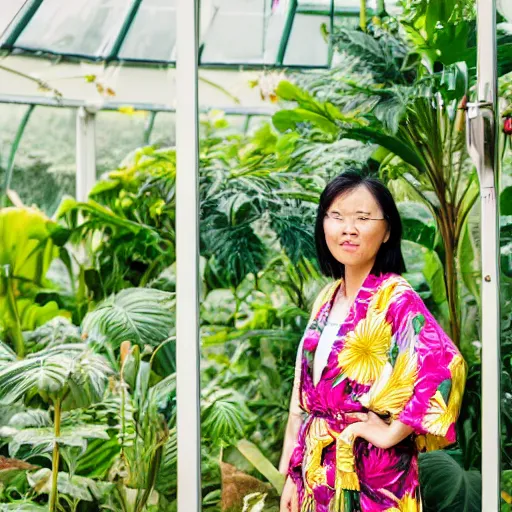 Image similar to medium photo portrait of a woman wearing a yellow kimono in a tropical greenhouse