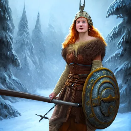 Prompt: an female viking with a helmet and ginger hair smilling, blizzard mountains backround, village, digital painting, artstation, concept art, soft light, hdri, smooth, sharp focus, illustration, fantasy, intricate, elegant, highly detailed, D&D, matte painting, in the style of Greg Rutkowski and Alphonse Mucha and artemisia, 8k,