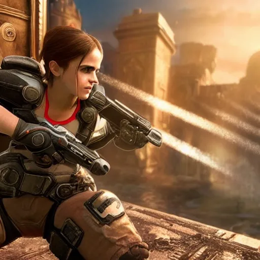 Image similar to emma watson as super mario super mario in gears of war destiny 2, splash art, movie still, cinematic lighting, dramatic, octane render, long lens, shallow depth of field, bokeh, anamorphic lens flare, 8 k, hyper detailed, 3 5 mm film grain