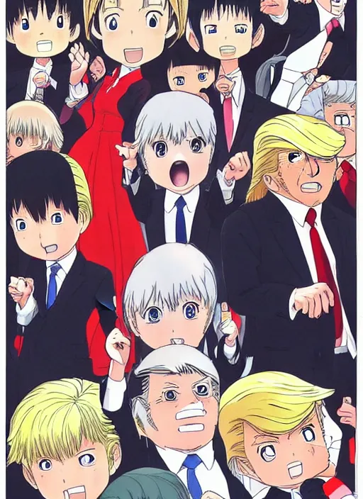 Image similar to donal trump manga, color, best scene, studio ghibli, chibi style, by katsuhiro otomo and hiroya oku and makoto yukimura