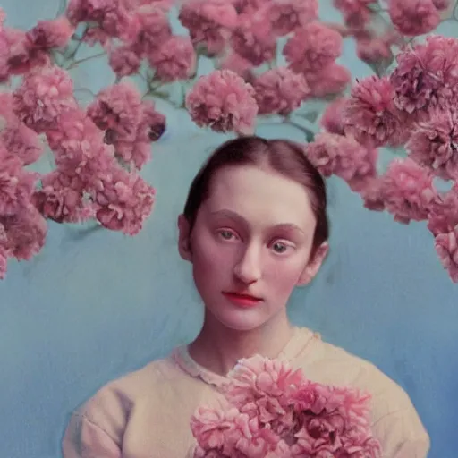 Image similar to a lot of flowers morphing in a beautiful girls face, film still by wes anderson, depicted by balthus, limited color palette, very intricate, art nouveau, highly detailed, lights by hopper, soft pastel colors, minimalist