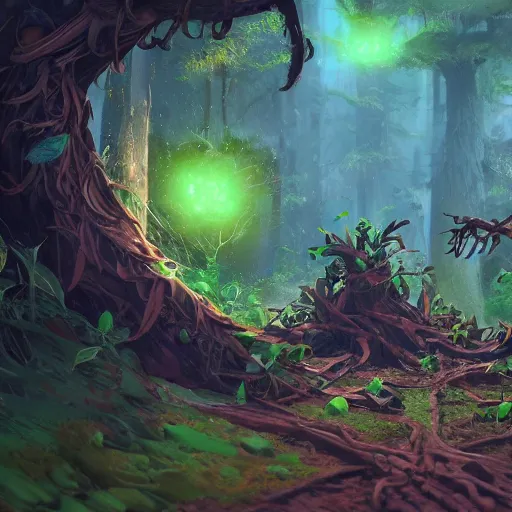Image similar to arcane style forest tree root trap, root trap, tree roots attack bright art masterpiece artstation. 8k, sharp high quality artwork in style of Jose Daniel Cabrera Pena and Greg Rutkowski, concept art by Tooth Wu, blizzard warcraft artwork, hearthstone card game artwork, leaves trap, trap made of leaves
