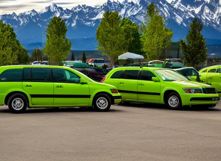 Image similar to lime green dodge caravan in a parking lot with the wasatch mountains in the background, photography, high definition