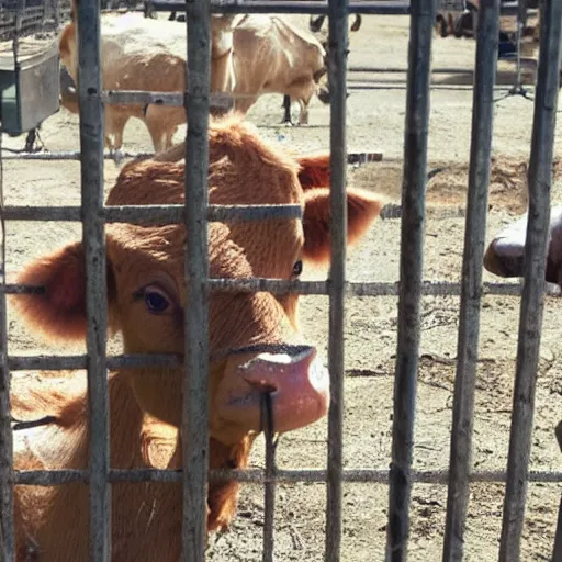 Image similar to chained calf inside a cage watching a bottle of milk