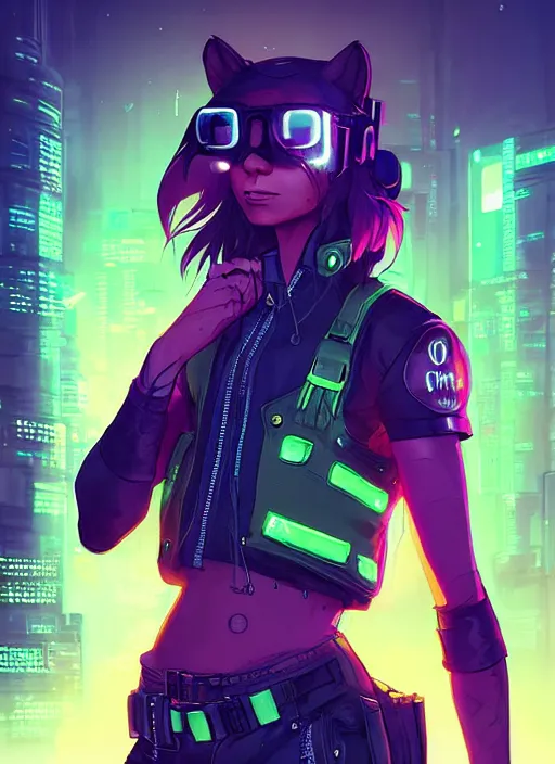 Prompt: beautiful portrait commission of a female furry anthro spotted cougar wearing a bullet proof vest and cargo pants. Cyberpunk city at night in the rain. Neon light. Atmospheric. Character design by charlie bowater, ross tran, artgerm, and makoto shinkai, detailed, inked, western comic book art