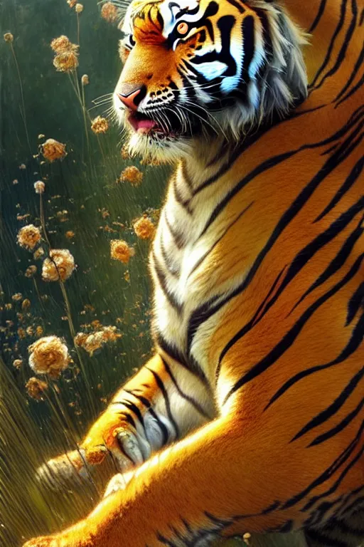 Prompt: highly detailed full shot portrait of a enchanted tiger in the form of a beautiful young princess. d & d, art by donato giancola and ruan jia and carl larsson and magali villeneuve. trending on artstation, intricate details, energetic composition, golden ratio, concept art, illustration, elegant art