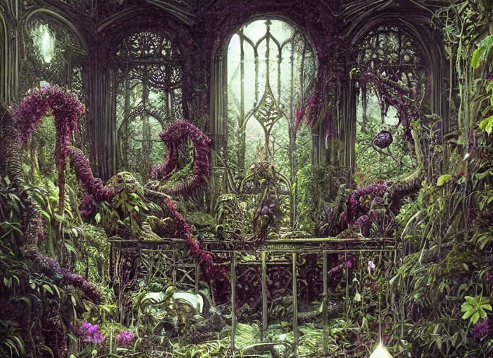 Image similar to an elaborate gothic lovecraftian garden with exotic flowers, shrubberies and a beautiful greenhouse intricate, elegant, highly detailed, matte, sharp focus, illustration, art by ferdinand knab, greg rutkowski and h. p. lovecraft