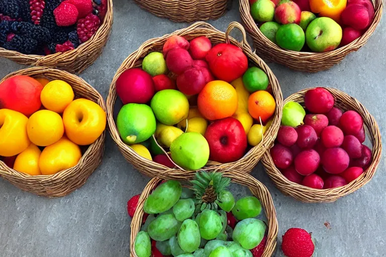 Image similar to three separate baskets of fruit, sorted by color