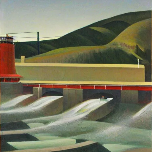 Prompt: hydroelectric dam, turbines, spillway, fish ladder, robot caretakers, grant wood, pj crook, edward hopper, oil on canvas