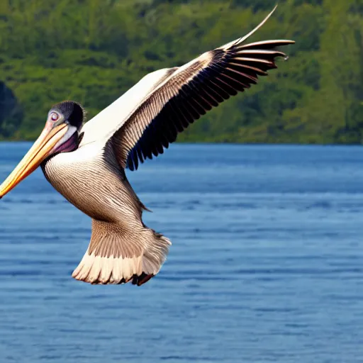 Prompt: a picture of a huge mega ultra sized pelican in flight. the pelican is very big has its its huge wings spread. symmetrical photo. very detailed, professional lighting diffracted lightrays 4 k.