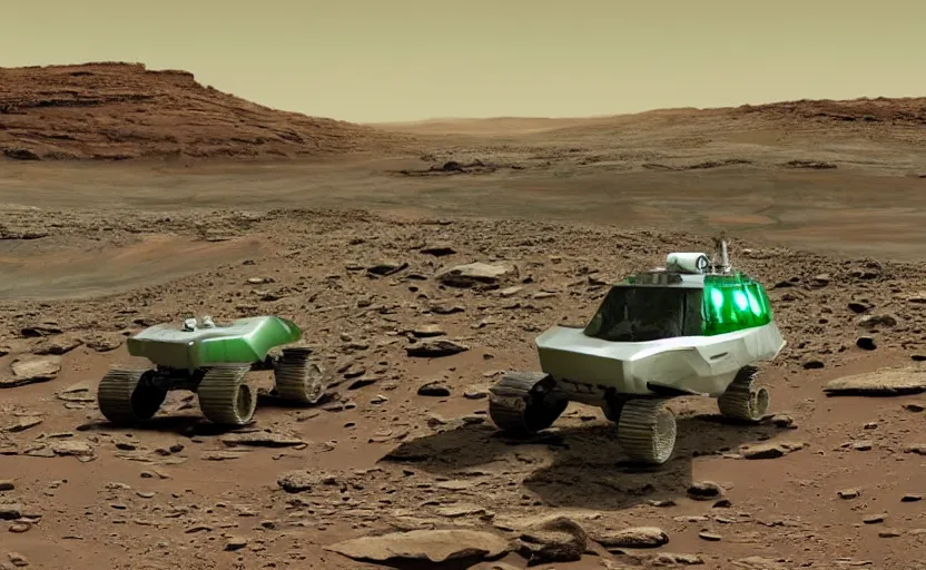 Image similar to on mars, two green alien Martians are hiding behind rocks, a white nasa rover rolls around, funny matte painting in the style of James Gurney