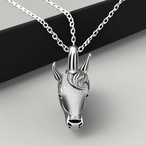 Image similar to a lovely silver unicorn necklace pendant, 3 d rendering, in the style of pandora, tiffany, swarovski, van cleef & arpels, cartier, boucheron, bulgari, chaumet, elegant, noble, stylish