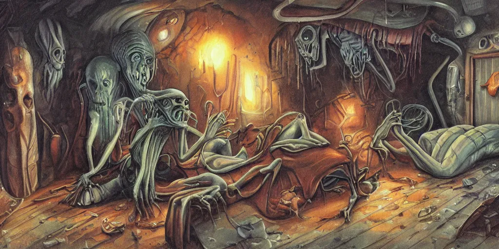 Image similar to a damp hoarders basement where a scary looking alien and a women sleep, in the style of Boris Vallejo