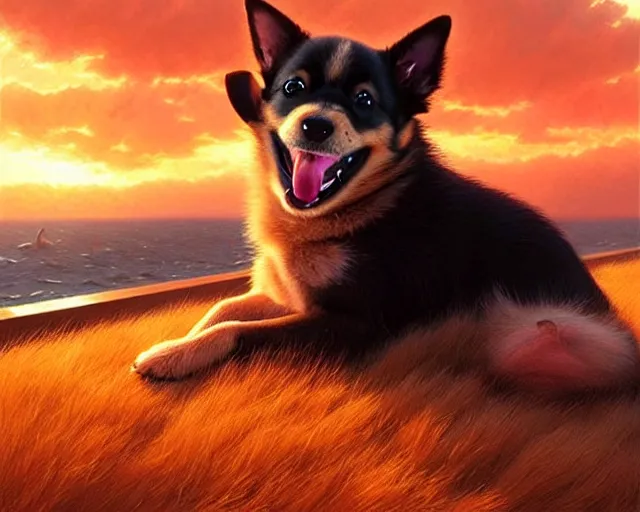 Image similar to a cute smiling puppy with its eyes shut on a very windy day, at the sea, wind blowing through the dogs fur, strong wind, closed eyes, highly detailed, hyperrealistic, intricate, sunset in the background, rays of golden red sunlight, oil painting by greg rutkowski and artgerm and wlop