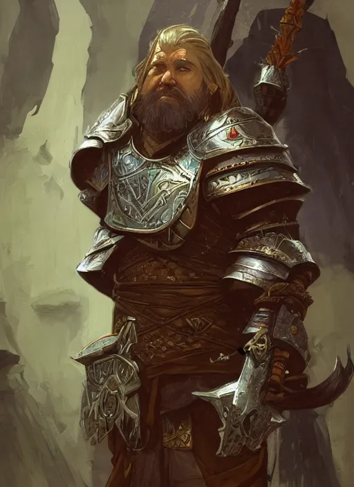 Prompt: a serious looking dwarven cleric wearing adamantine armour. dungeon. fantasy concept art. moody epic painting by james gurney, and alphonso mucha. artstationhq. painting with vivid color. ( dragon age, witcher 3, lotr )