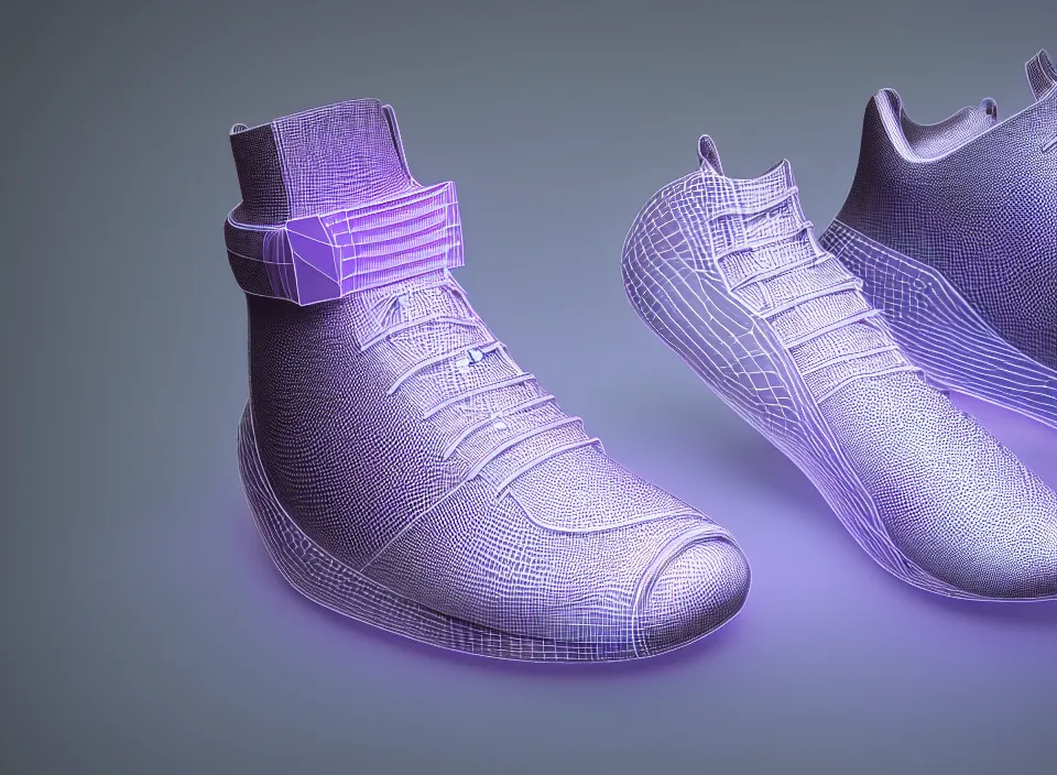 Image similar to realistic 3 d render of a futuristic sneaker, beautiful studio lighting, soft, sharp focus, neon glowing lines, intricate detail, purple and silver leather, soft white rubber, shiny plastic, black hexagon mesh, black filigree, octane render, side view, close up, trending on artstation, deviantart, nike, reebok, salomon