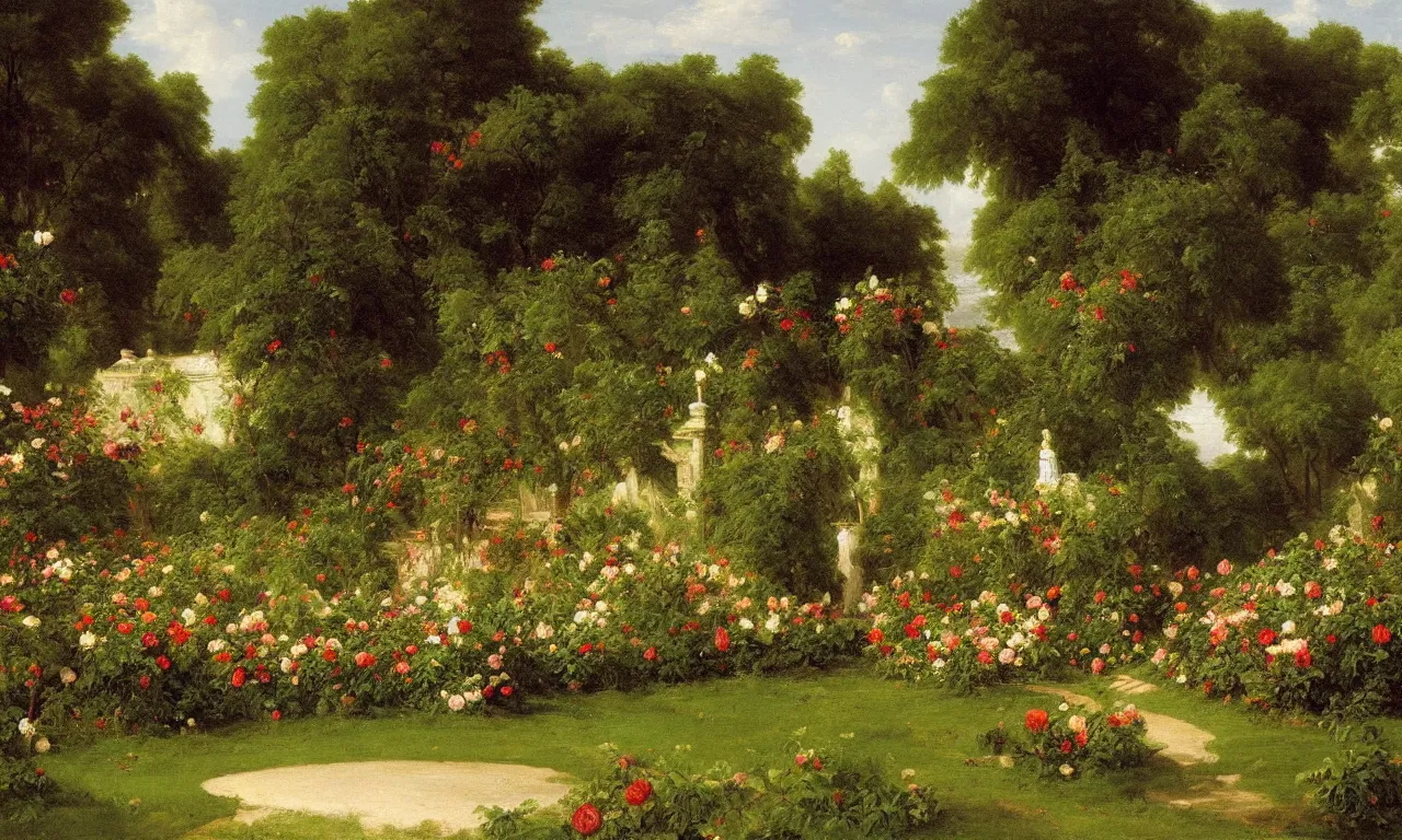 Prompt: a rose garden, thomas cole