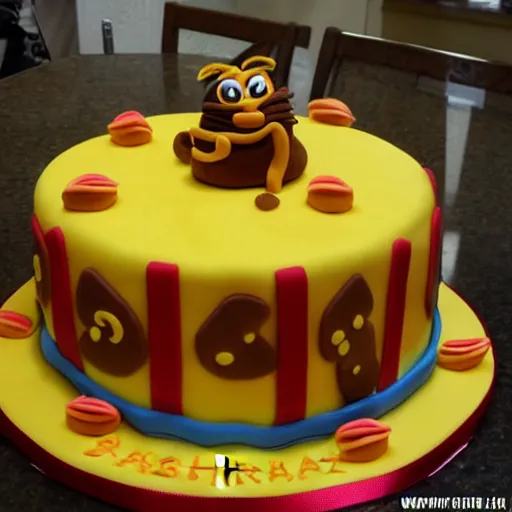 Prompt: a birthday cake decorated to look like garfield the cat