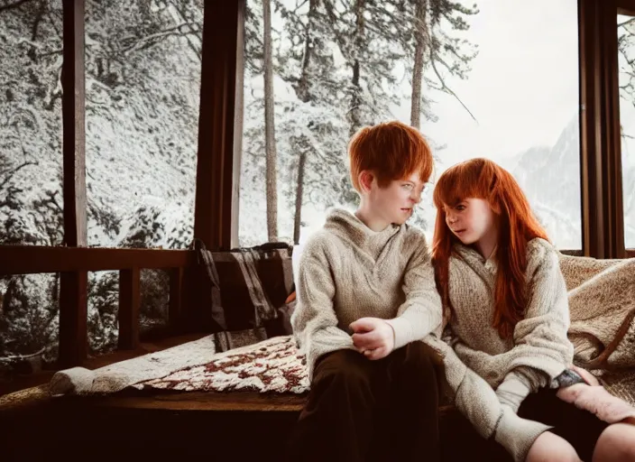 Image similar to a vintage photo of a boy and a girl with long flowing auburn hair sitting together on the porch of a cabin on a mountain overlooking a snowy landscape. atmospheric lighting, romantic, boy and girl, cold lighting, snowy.