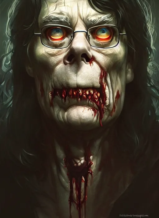 Image similar to stephen king as a zombie, deep focus, d & d, fantasy, intricate, elegant, highly detailed, digital painting, artstation, concept art, matte, sharp focus, illustration, hearthstone, art by artgerm and greg rutkowski and alphonse mucha