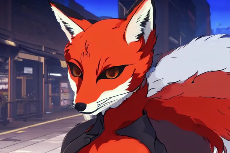 Image similar to a furry tan male fox on a persona 5 : royal ( by atlus ) video game splash screen, a furry male sandcolored tan fox fursona ( has hair ), persona 5 phantom thief style